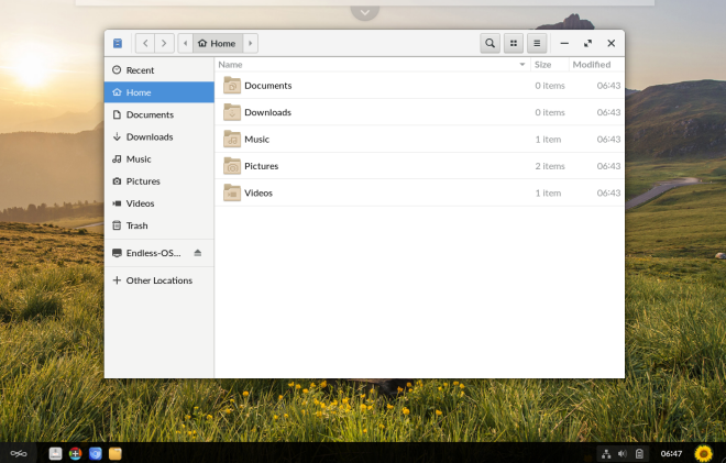Failų tvarkyklė atidaryta „Endless OS“ darbalaukyje