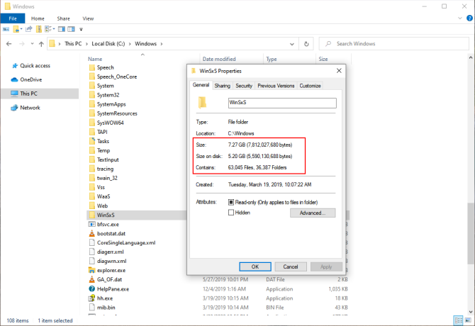 „Winxs“ aplanko dydis „Windows10“