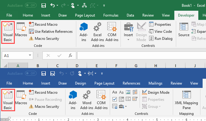 „Visual Basic“ skirtuke „Kūrėjas“ „Microsoft Excel“ ir „Microsoft Word“