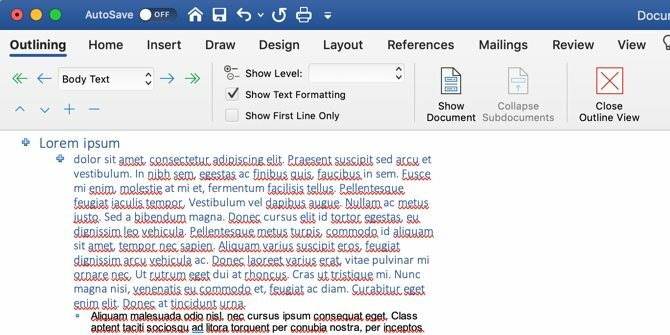 Kaip parašyti e-knygą: „Microsoft Word Outline“ vaizdas