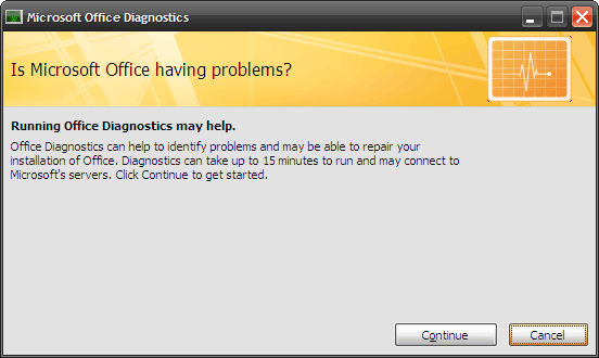 Kaip išspręsti „Microsoft Office“ problemas, susijusias su „MS Office Diagnostics 2“, pirmas langas