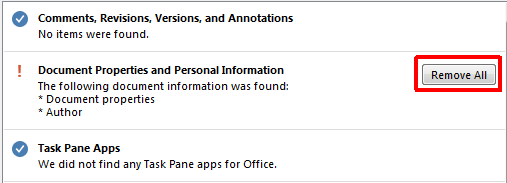 „Microsoft Word 2013“ dokumentų inspektoriaus pašalinimo mygtukas