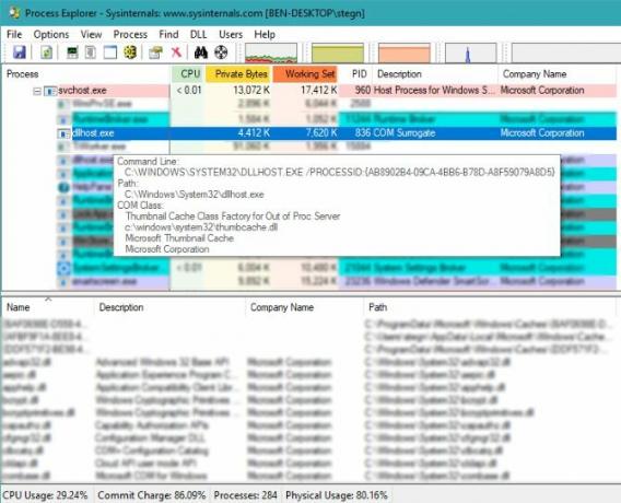 COM Surrogate proceso kilmė „Process Explorer“