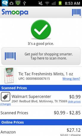 Gaukite mokėjimą apsipirkti protingiau naudodami „Smoopa“ [„Android 1.6“ ir naujesnės versijos] „smoopa“ kainos patikrinimą