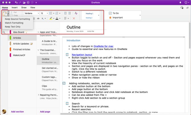 „OneNote Mac“ formatavimo įrankiai