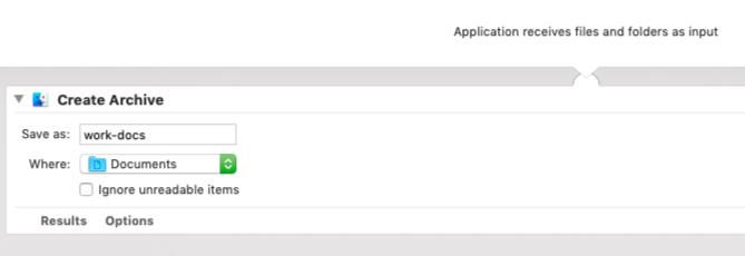 „Automator“ programa sukuria pasirinktų failų archyvą „Mac“