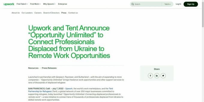 „Upwork“ pranešimo spaudai, skelbiančio iniciatyvą, vaizdas