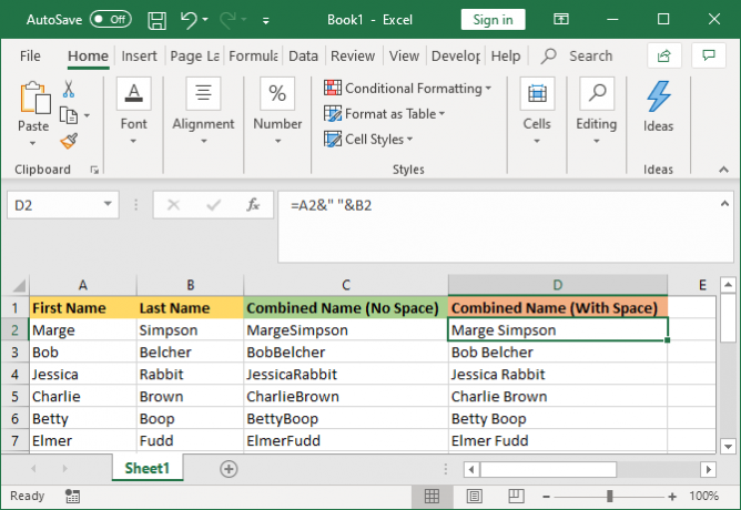 „excel“ sujungtos ląstelės su erdve