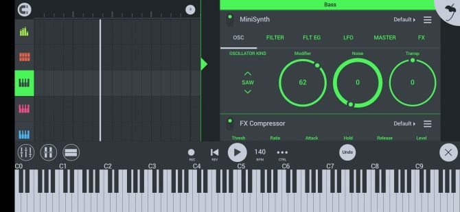 FL Studio ekrano išdėstymas su pianino ritinėlio ekranu