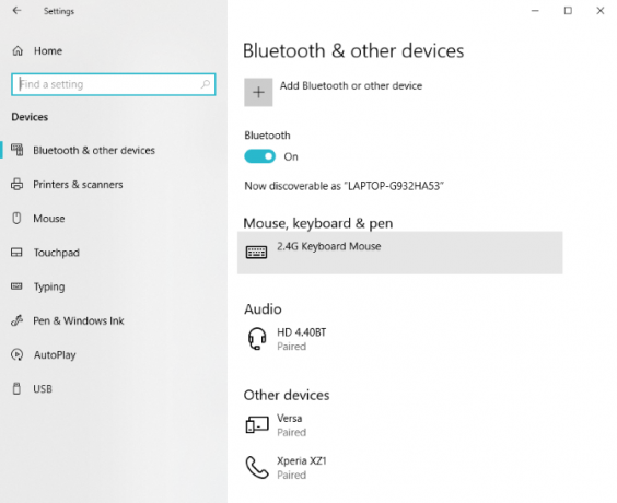 „Bluetooth“ nustatymai „Windows 10“