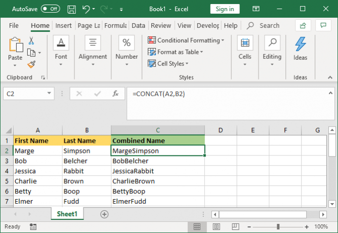 „excel“ sujungtos ląstelės CONCAT