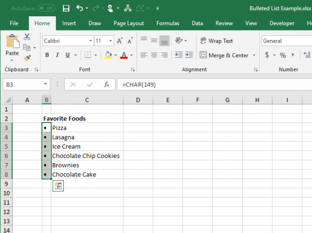 „CHAR“ funkcija įvesta į „Excel“ langelius