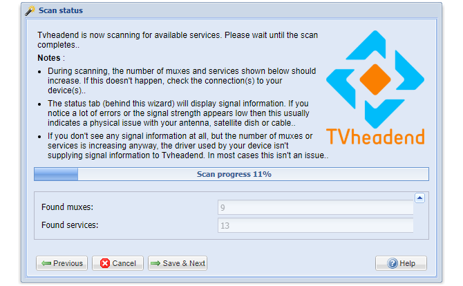 „Tvheadend Web Config“ kanalų nuskaitymas