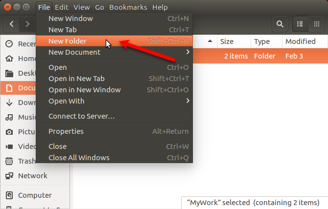 Eikite į Failas> Naujas aplankas „Nautilus“ Ubuntu