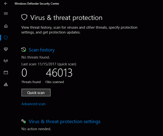 „Windows Defender“ saugos centro virusų ir grėsmių apsauga