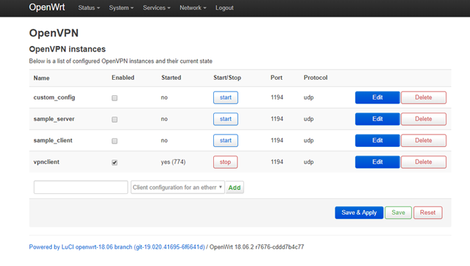 „OpenWRT LuCI“ informacijos suvestinės „OpenVPN“ meniu