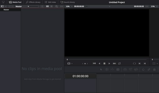 „HitFilm Express“ vs. „DaVinci Resolve“ - pagrindinis „DaVinci Resolve“ langas