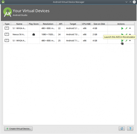 „Android“ versijų studijos „avdmanager“ paleidimas