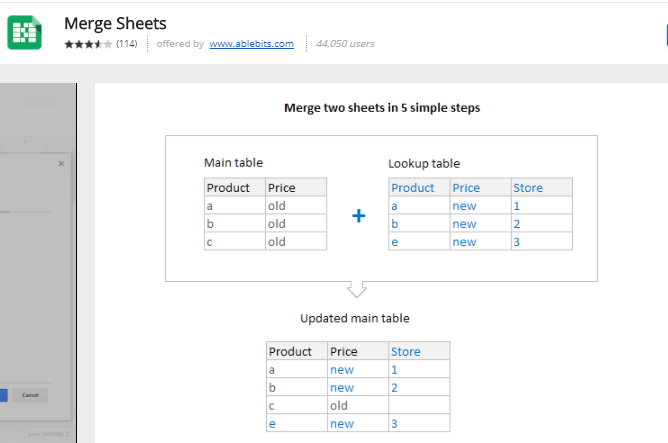 „google“ lapuose pridedami priedai - „Merge Sheets“ 