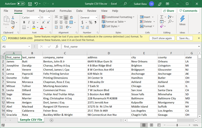 CSV failas atidarytas „Excel“