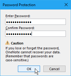 Dialogo langas „Slaptažodžio apsauga“ programoje „OneNote 2016“