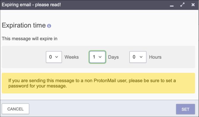 ProtonMail el. laiškas, kurio galiojimo laikas baigiasi