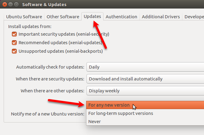 Pakeiskite nustatymą, kad gautumėte pranešimą apie bet kokią naują „Ubuntu“ versiją