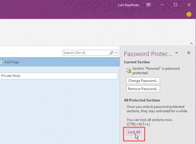 Spustelėkite Užrakinti viską „OneNote 2016“