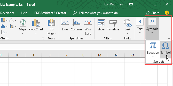 „Excel“ skirtuke Įterpti spustelėkite Simboliai