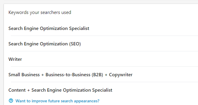 „LinkedIn“ raktiniai žodžiai, kuriuos naudojo jūsų ieškotojai, rodinys
