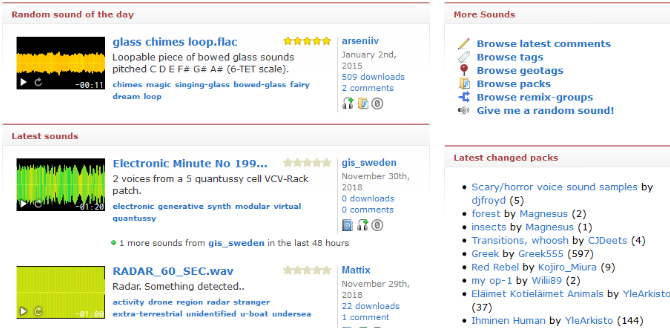 „Freesound“ svetainės ekrano kopija