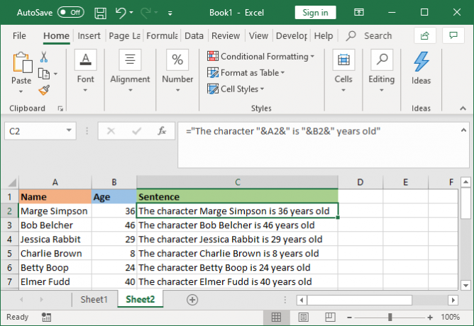 „Excel“ sujungti langeliai su papildomu tekstu