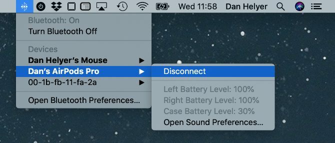 „AirPods“ akumuliatoriaus įkrovos lygis „macOS Bluetooth“ meniu