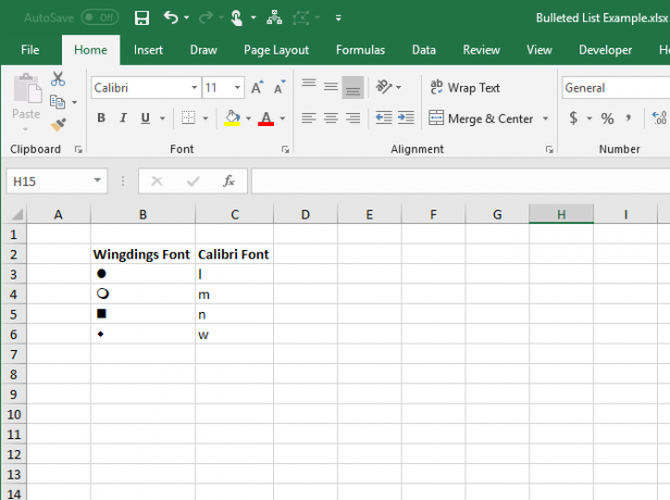 „Caliber“ šrifto raidės ir lygiaverčiai „Wingdings“ šrifto simboliai „Excel“
