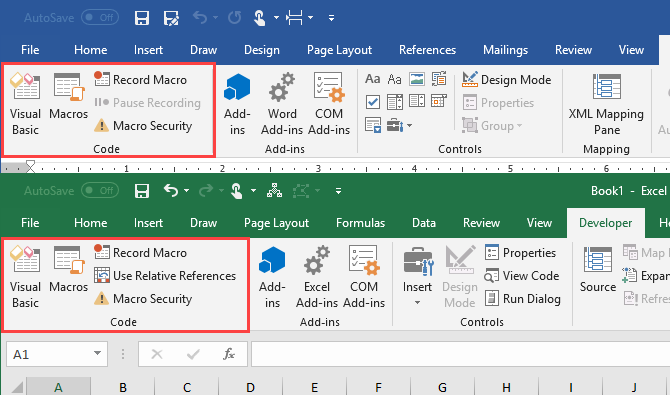 Kodo skiltis skirtuke „Kūrėjas“ „Microsoft Word“ ir „Microsoft Excel“