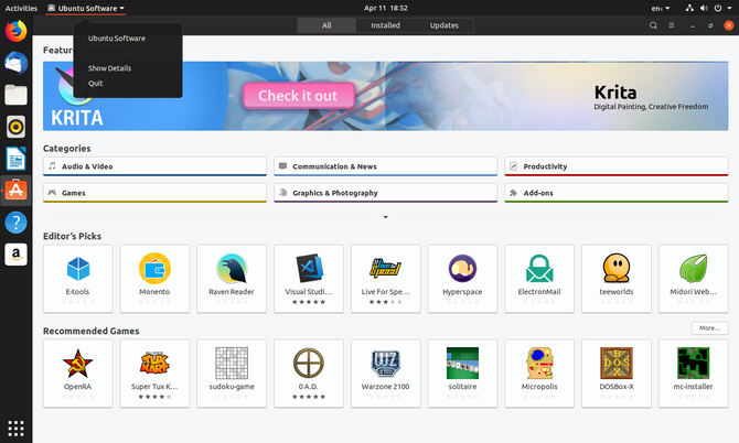 Naujas „GNOME“ programos meniu Ubuntu 19.04