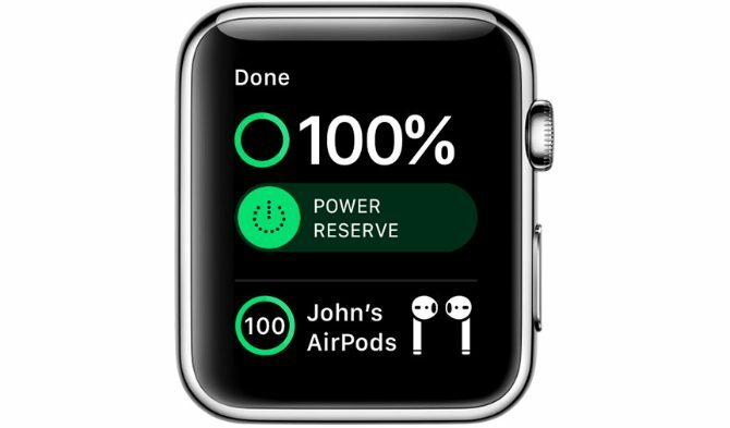 „Apple Watch“ valdymo centre rodoma „AirPods“ baterija