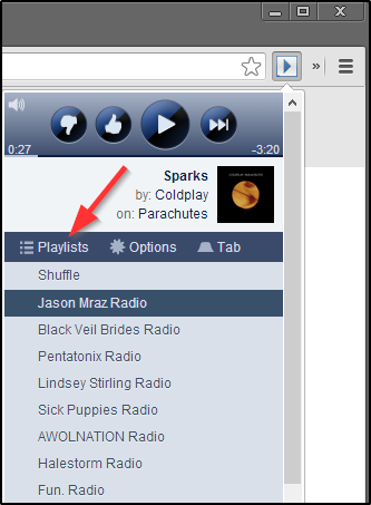 „SoundControl Beta“, skirta „Pandora“ - išskleidžiamasis meniu su grojaraščiais