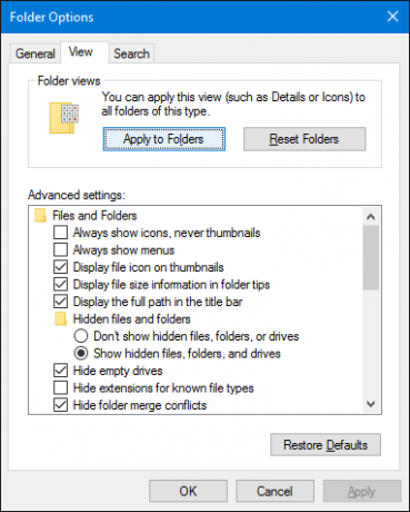 „Windows 10“ „File Explorer“ aplankų parinktys