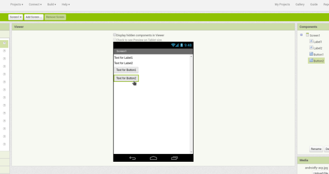 Android sukurti app appinventor screen1 valdiklius