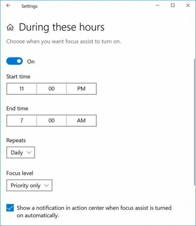 Kaip naudotis „Windows Focus Assist“ (anksčiau buvusios tyliomis valandomis) „Focus Assist“ valandomis e1526497923575