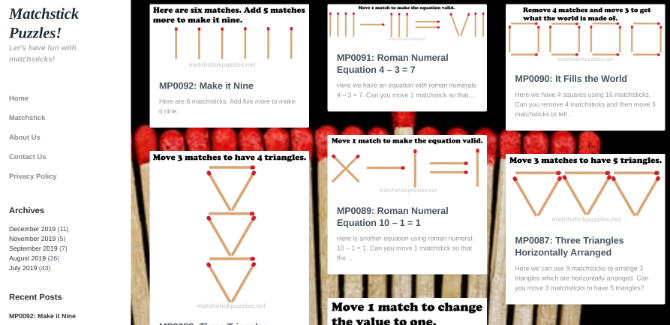 „Matchstick Puzzles“ turi 92 skirtingas logikos ir šoninio mąstymo mįsles, paremtas klasikinėmis rungtynių lazdų mįslėmis