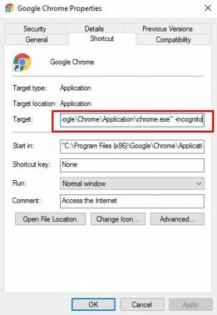 Kaip paleisti naršyklę privačiu režimu pagal numatytąjį „Chrome Incognito“ e1505852394642