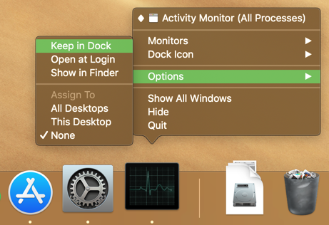 „Mac Activity Monitor“ laikykite „Dock“