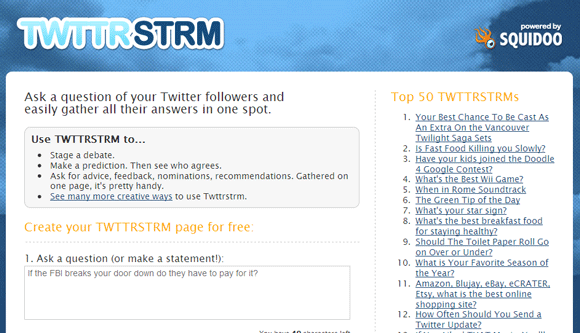 „Twitter“ žiniatinklio programos - užduoti klausimus iš „Twitter Crowd twttrstrm“