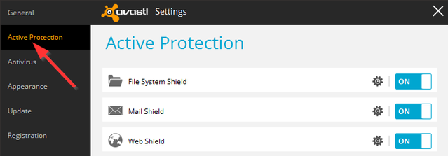 Avast - Nustatymai - Aktyvi apsauga