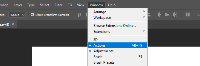 Meniu „Photoshop Actions“ parinktis