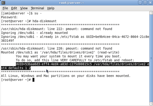 „Amahi“ namų serverio nustatymas - disko pridėjimas prie serverio [Linux] 8 nukopijuokite šią eilutę hda diskmount stuff
