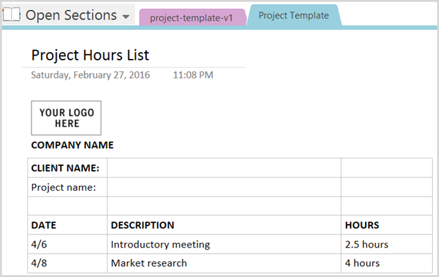 „OneNoteProjectHoursTemplate“