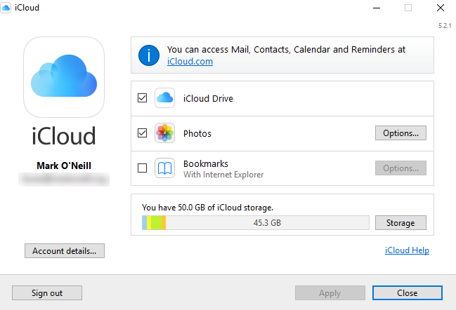 „iCloud“ valdymo skydelio nustatymų ekrano kopija